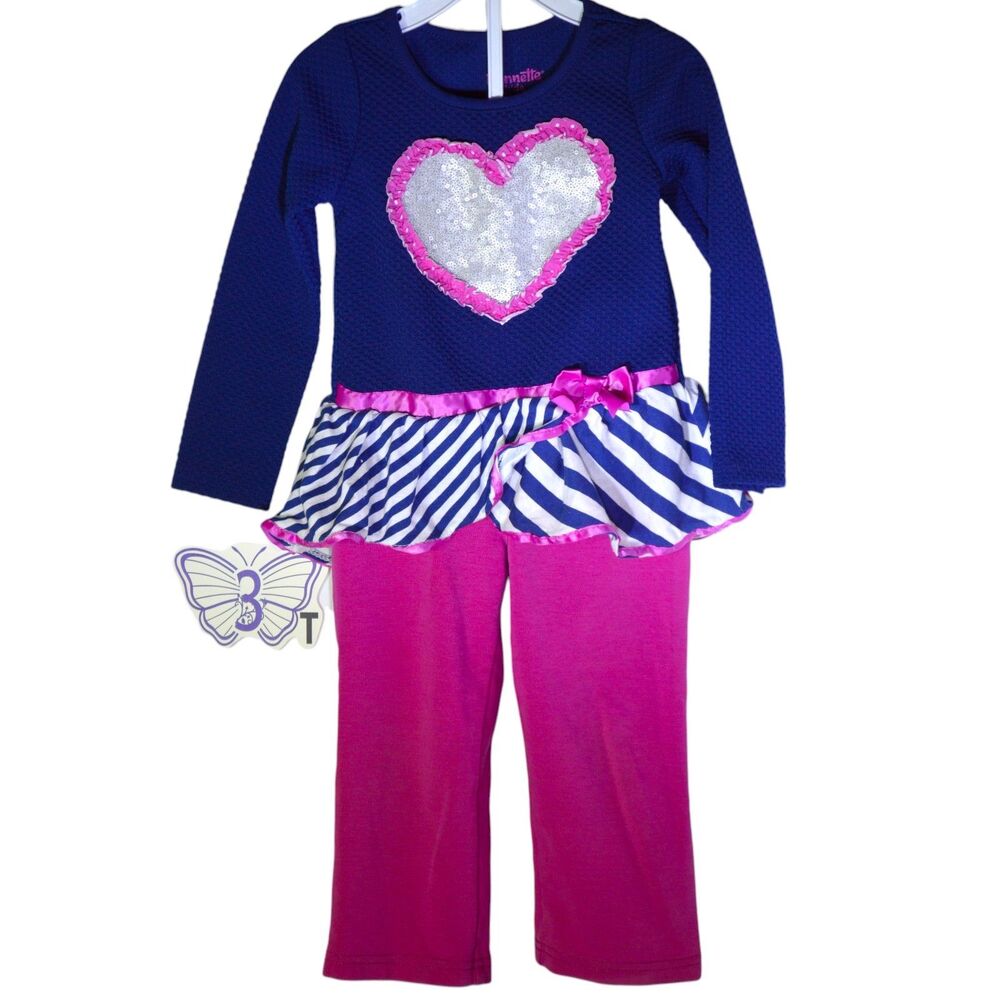 3T Toddler Girls 2pc Navy and Pink Sequined Heart Outfit Set